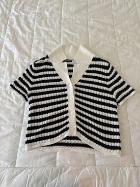 Striped Knit Button Front Cardigan - Navy & White